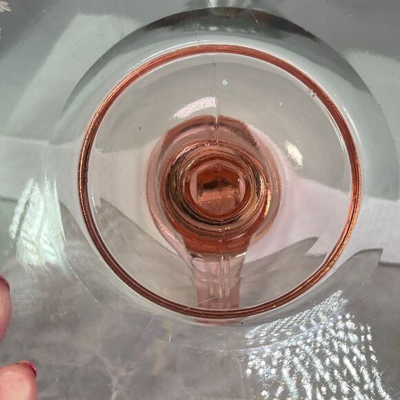 Pink Depression glass etched floral scroll pattern oval platter handle. - Picture 6 of 13